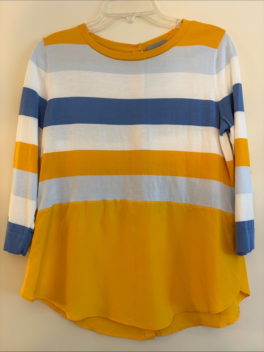 Cos Women’s Yellow & blue striped silk/ cotton back button 3/4 sleeve top,S